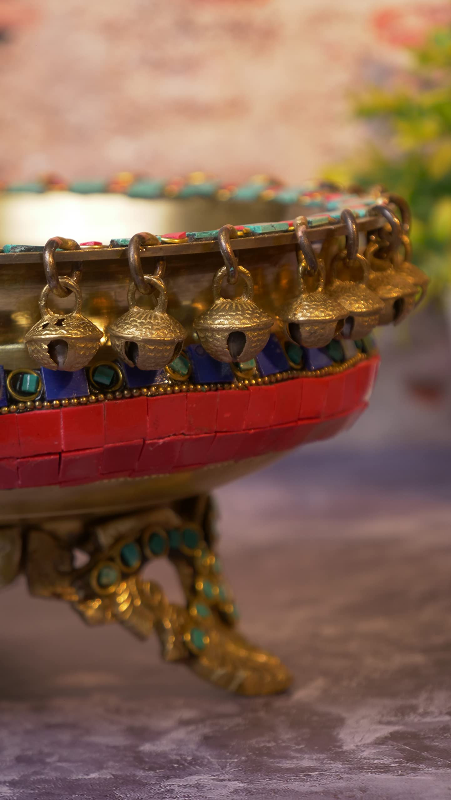 Gemstone Work Brass 8 Inches Urli Bowl on Ethnic Carved Legs