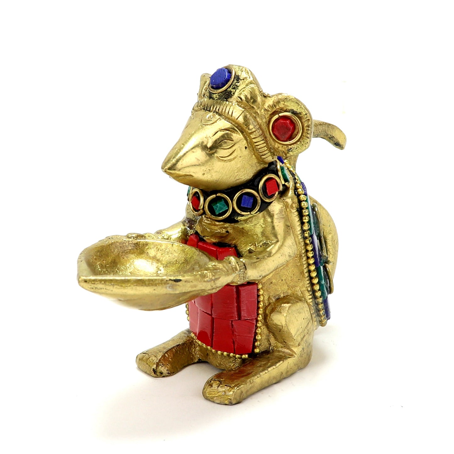 Brass Gemstone Work Ganesha Mouse Holding Oil Lamp Diya