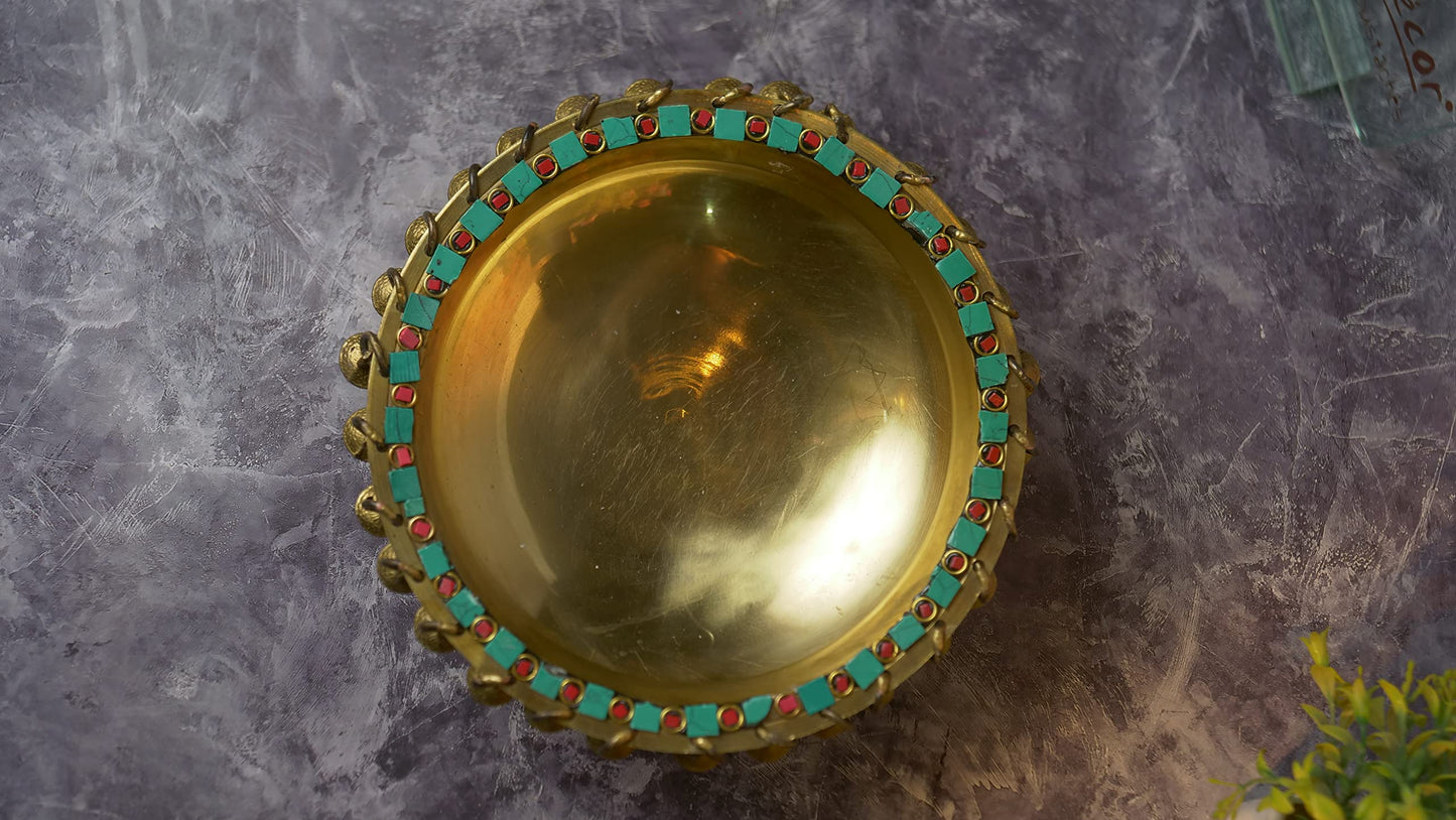 Gemstone Work Brass 8 Inches Urli Bowl on Ethnic Carved Legs