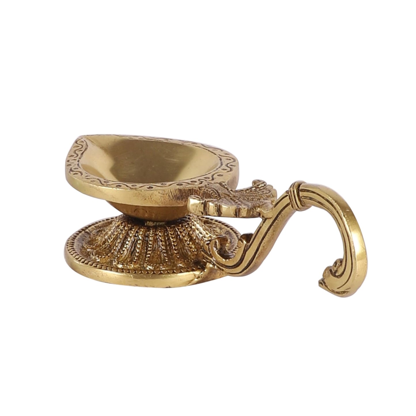 Ethnic Handcarved Brass Diya with Curved Handle
