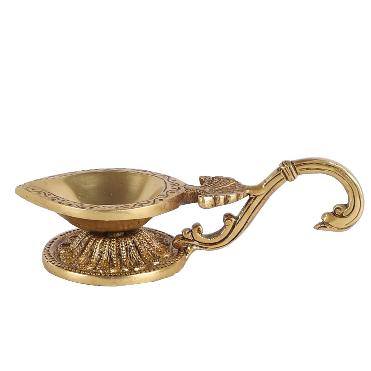 Ethnic Handcarved Brass Diya with Curved Handle