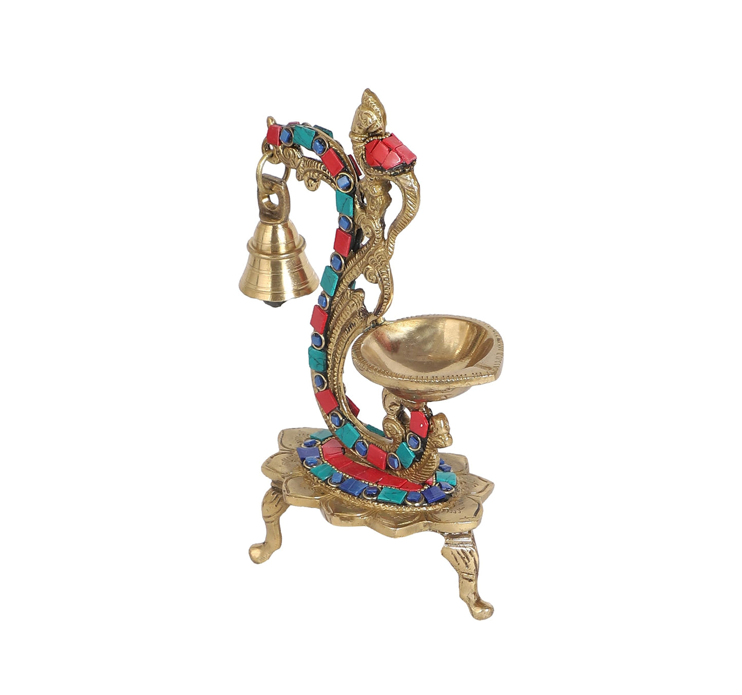Gemstone Work Ethnic Carved Peacock Design Brass Diya with Bell