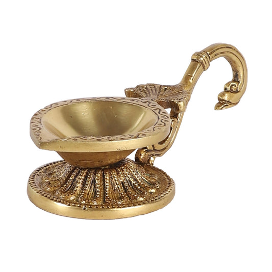 Ethnic Handcarved Brass Diya with Curved Handle