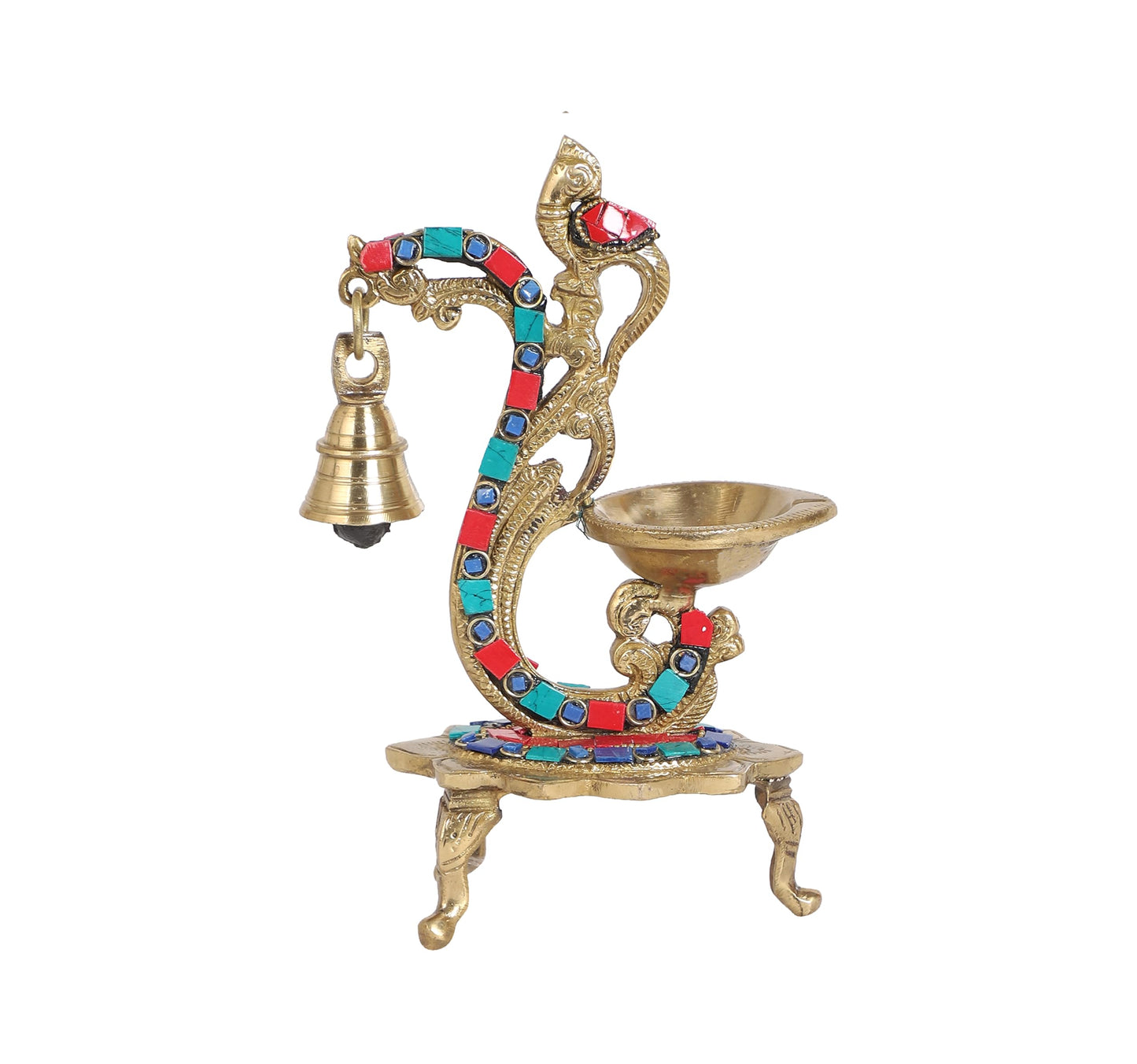 Gemstone Work Ethnic Carved Peacock Design Brass Diya with Bell