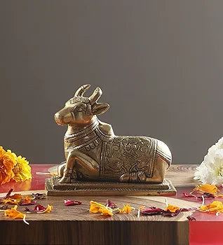 Lotus Engraved 5 Inches Brass Nandi Cow Over Base Statue