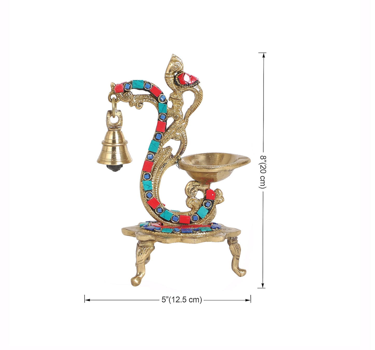 Gemstone Work Ethnic Carved Peacock Design Brass Diya with Bell