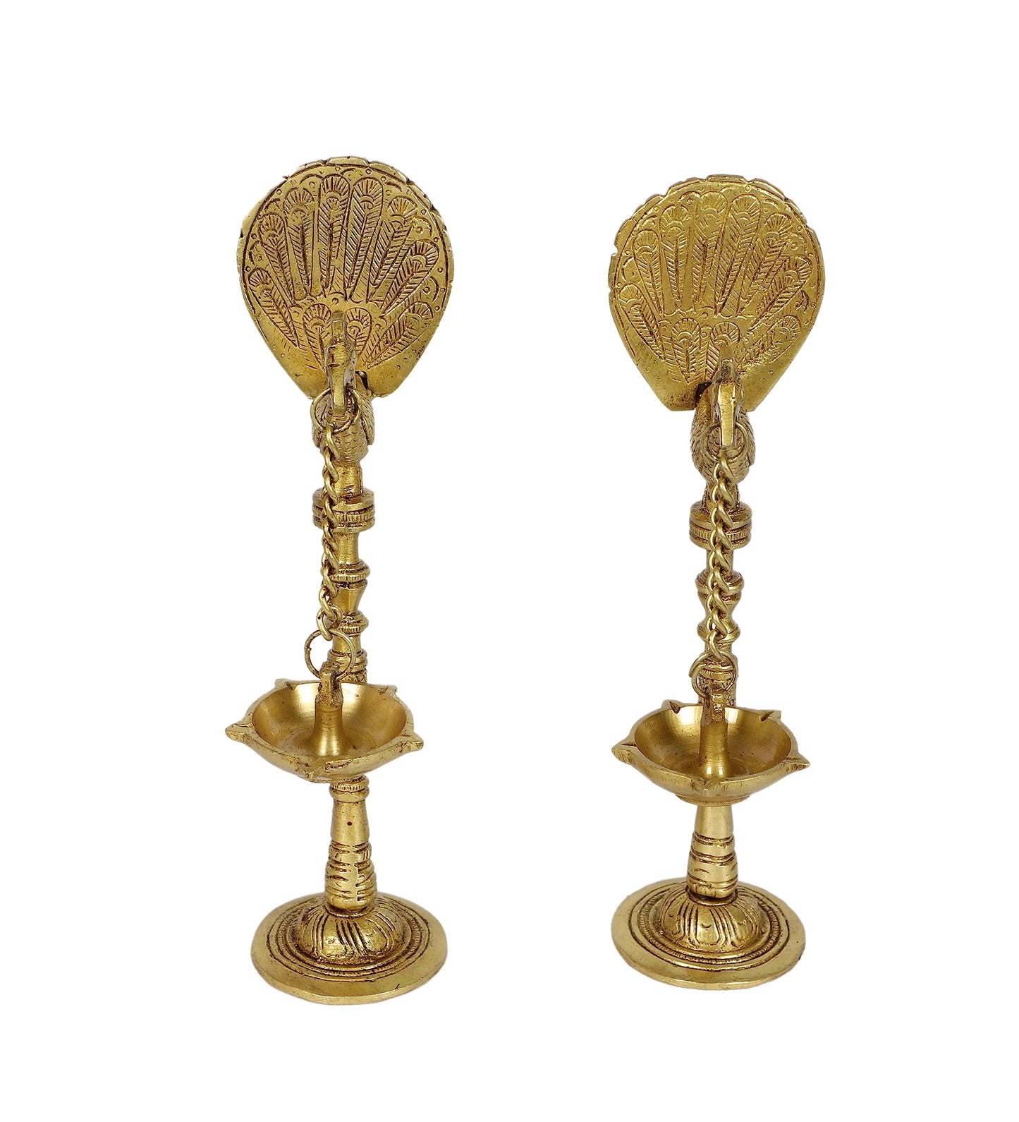 Brass Peacock Design 9 Inches Hanging Diya Pair, Antique Yellow