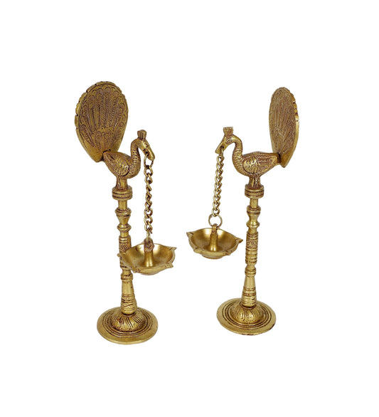 Brass Peacock Design 9 Inches Hanging Diya Pair, Antique Yellow