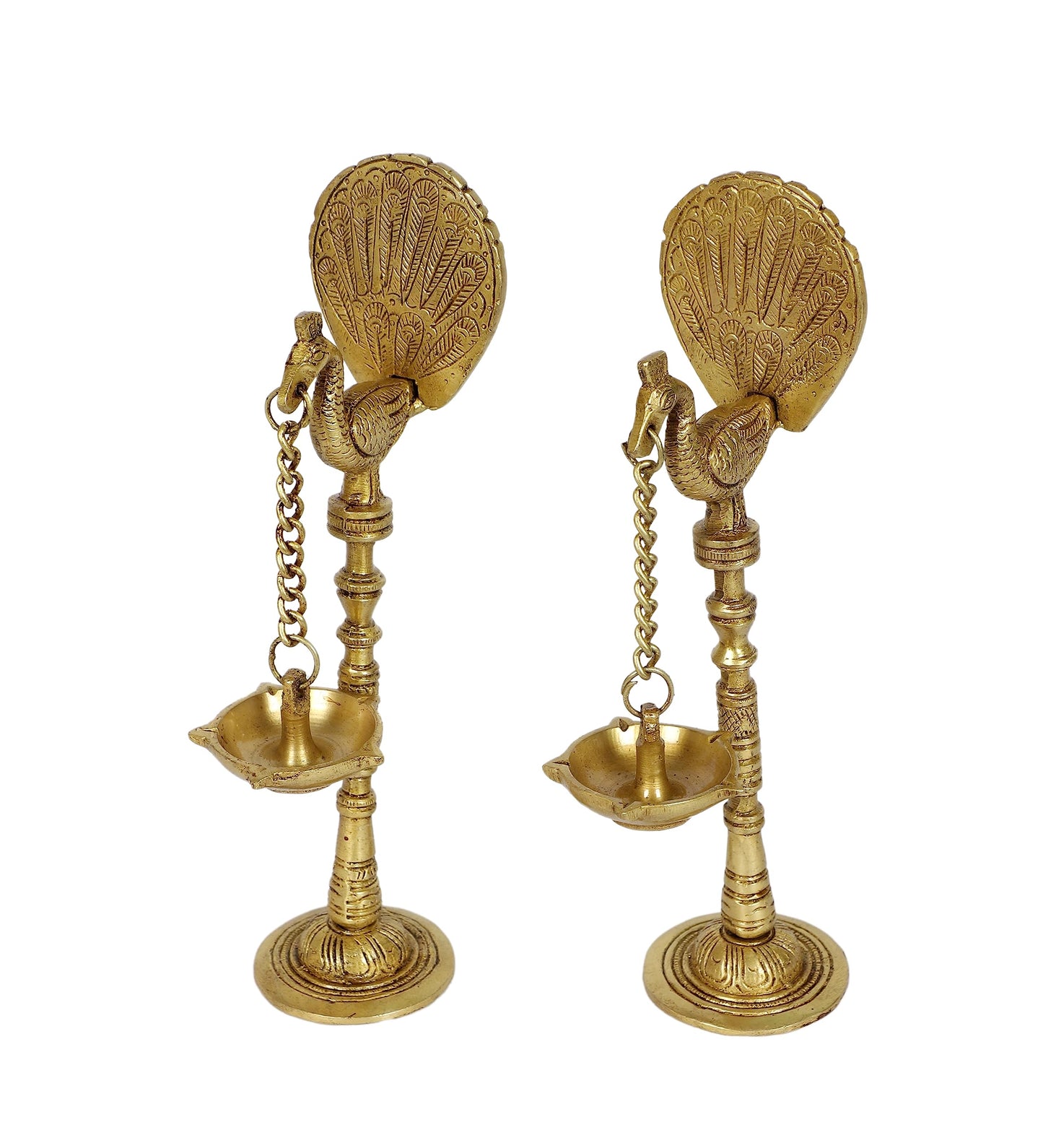 Brass Peacock Design 9 Inches Hanging Diya Pair, Antique Yellow