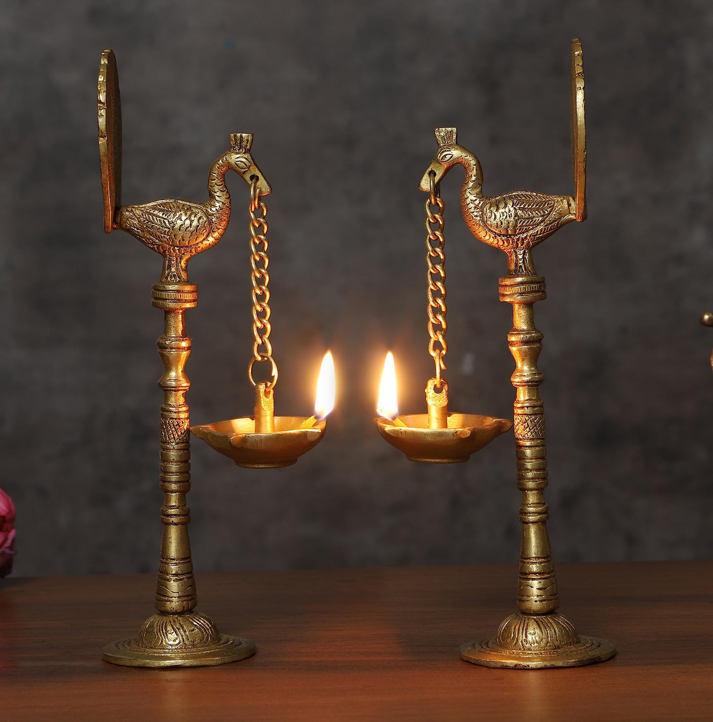 Brass Peacock Design 9 Inches Hanging Diya Pair, Antique Yellow