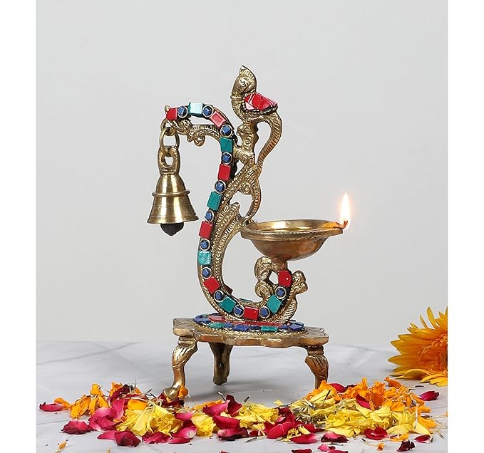 Gemstone Work Ethnic Carved Peacock Design Brass Diya with Bell