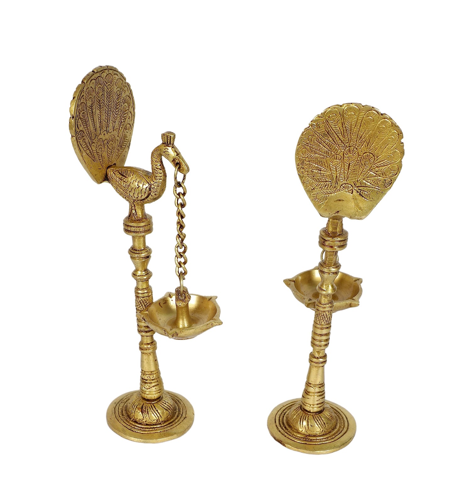 Brass Peacock Design 9 Inches Hanging Diya Pair, Antique Yellow
