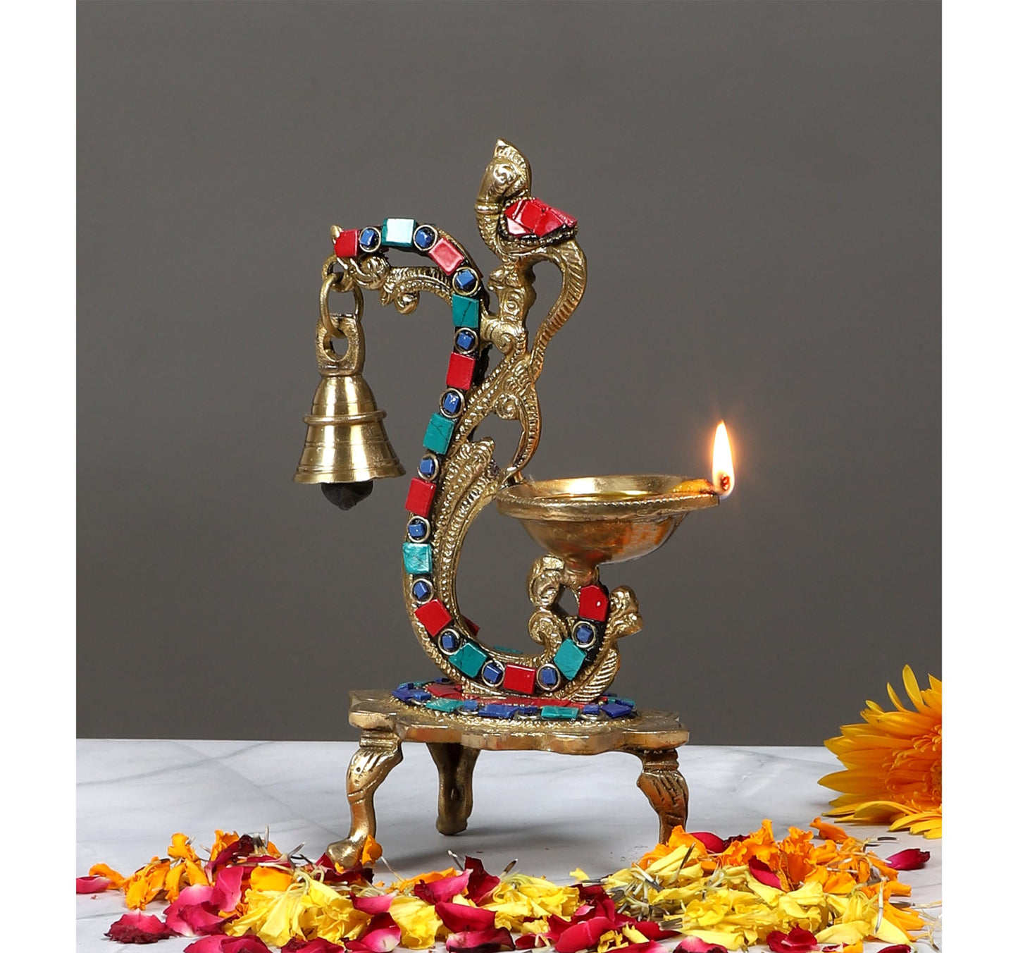 Gemstone Work Ethnic Carved Peacock Design Brass Diya with Bell