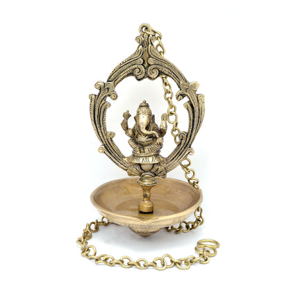 Brass Handmade Ganesha Design Oil Wick Hanging Diya, Diyas for Home Decor