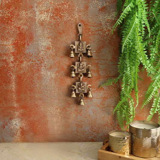 Brass Ganesh Laxmi Saraswati Hanging Bells, Ghanti for Pooja, Temple Decorative Bells