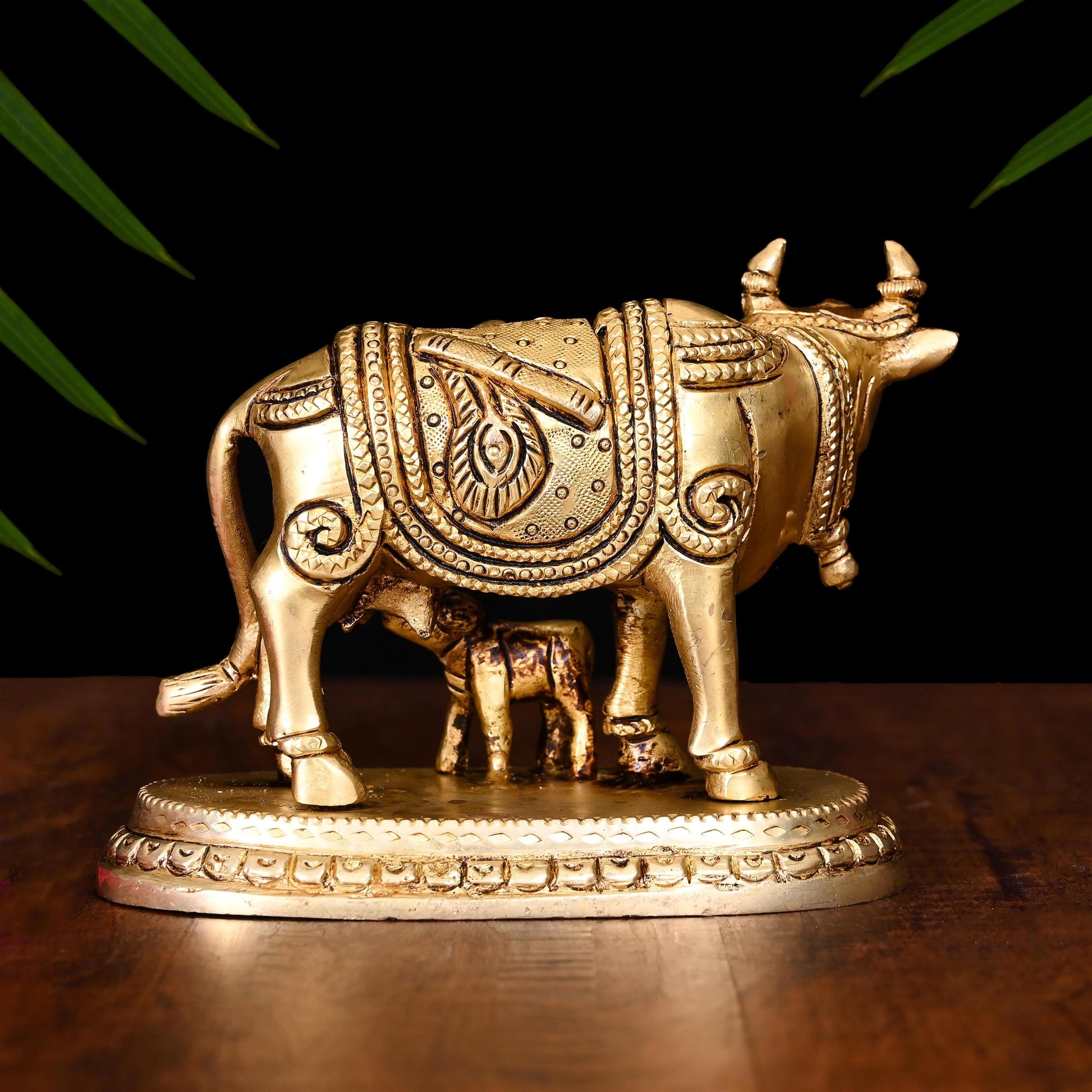 Gomata Brass Statue - Cow and Calf Kamdhenu Idol - 4 inches