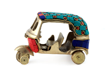 Gemstone Work Vintage Style Auto Rickshaw Miniature Brass