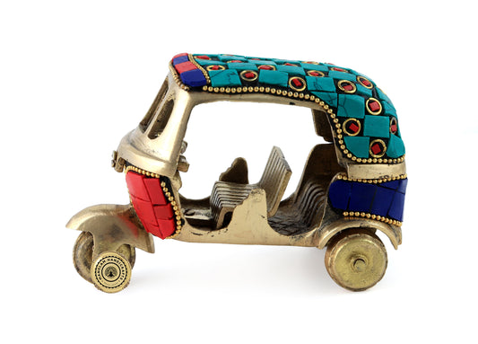 Gemstone Work Vintage Style Auto Rickshaw Miniature Brass
