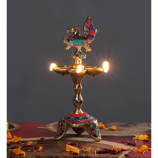 Gemstone Work Peacock Over Ethnic Carved Legs Five Oil Wick Brass Diya