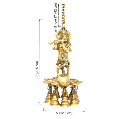 Brass Krishna Design Hanging Diya, 8 Inches Diya