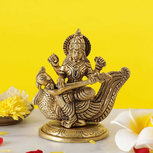 Ma Saraswati Brass Idol | 100% Pure Brass | Antique Finish