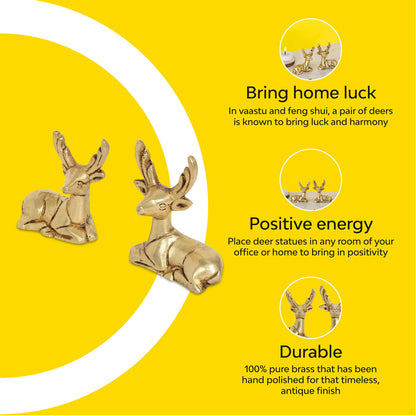 Brass Deer Figurines | Set of 2 | 100% Pure Brass | Yellow Antique Finish