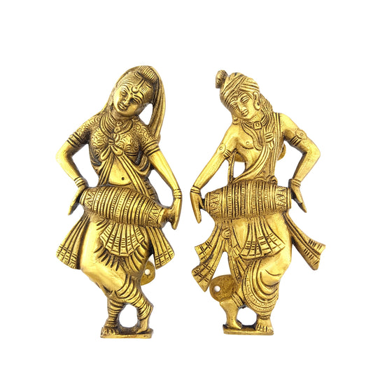Radha Krishna Playing Dholak Brass Door Handle Pair, Antique Yellow
