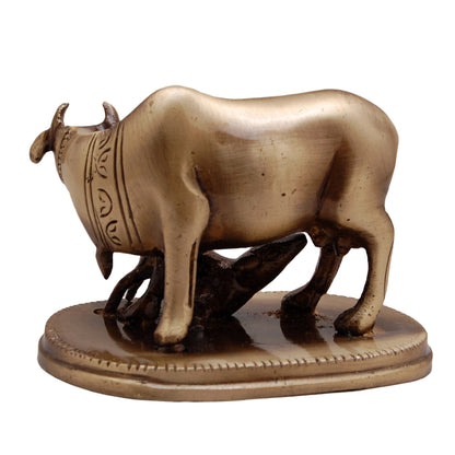 Brass Kamdhenu Cow & Calf Showpiece, Handcrafted Brass Kamdhenu Statue
