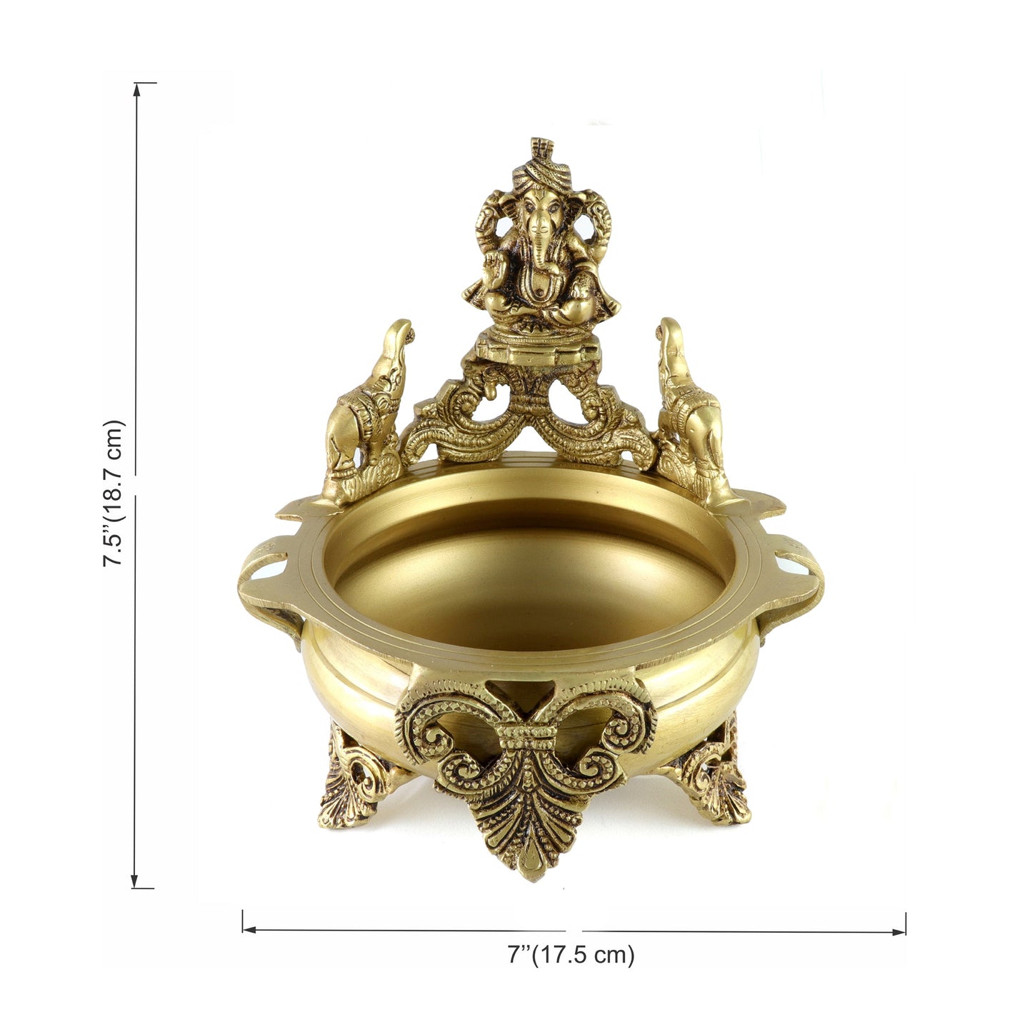 Brass Ganesha Design 7.5 Inches Urli, Antique Yellow