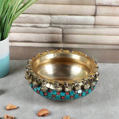 Gemstone Work Brass Urli Ethnic Traditional Bowl with Bells