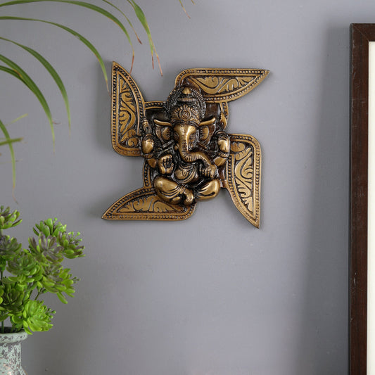 Brass Ganesha Swastika Wall Hanging, Brass Ganesha for Decor
