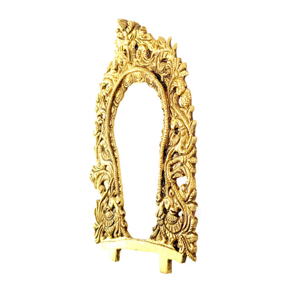 Brass Ethnic Carved Peacock Design Prabhavali Frame Wall Hanging (Golden)