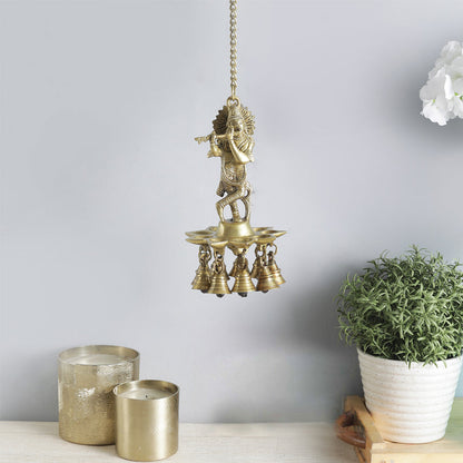 Brass Krishna Design Hanging Diya, 8 Inches Diya