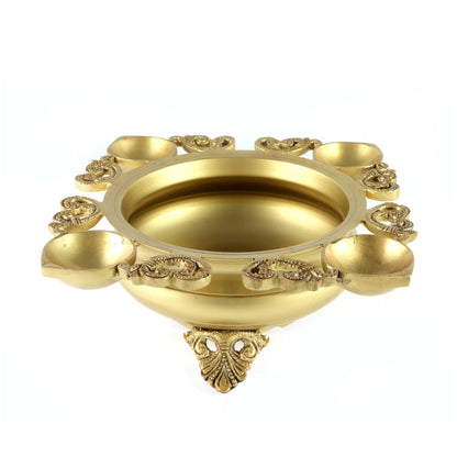 Brass Ethnic Carved Design 9.5 Inches Urli with 4 Diyas