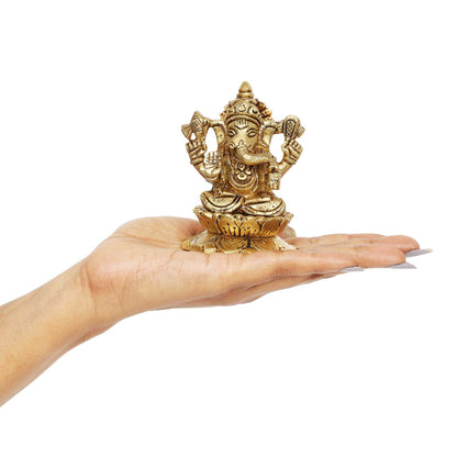 Lotus Ganesha Brass Idol | 100% Pure Brass | Antique Finish