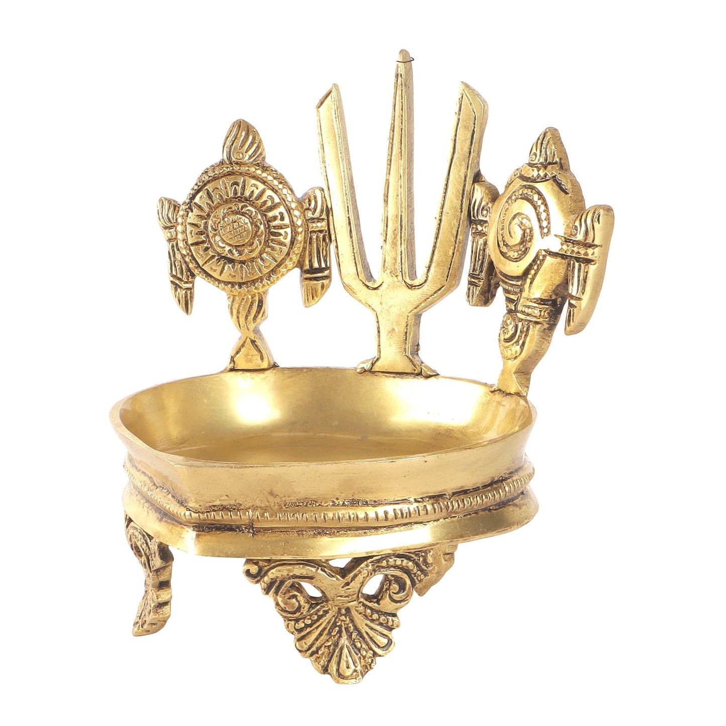 Shankh Chakra Namah Design Brass Diya Over Carved Legs