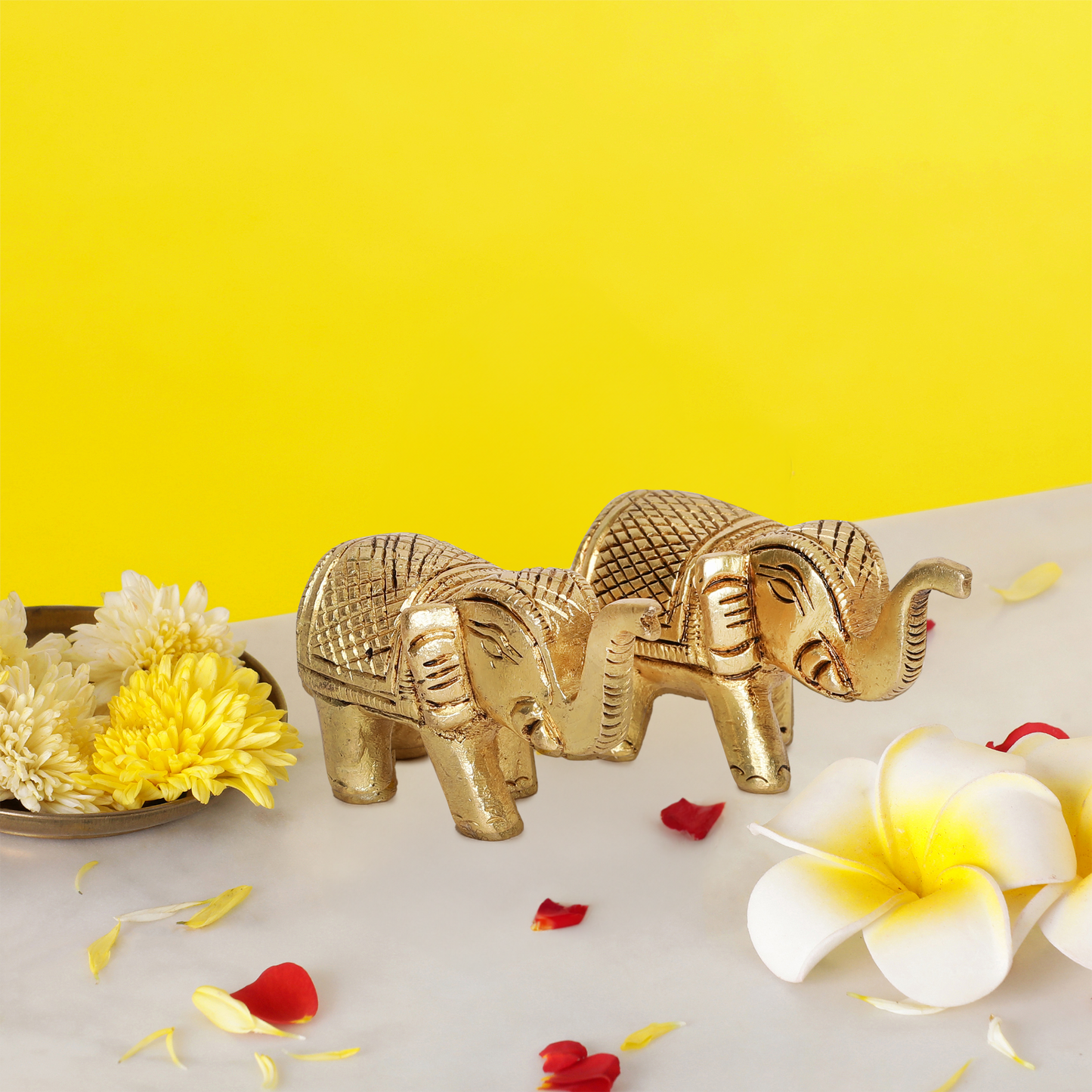 Brass Elephant | Set of 2 | 100% Pure Brass | Yellow Antique Finish