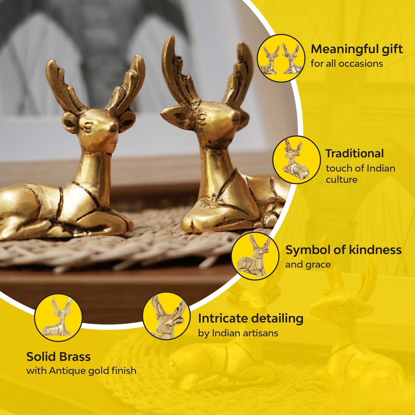 Brass Deer Figurines | Set of 2 | 100% Pure Brass | Yellow Antique Finish