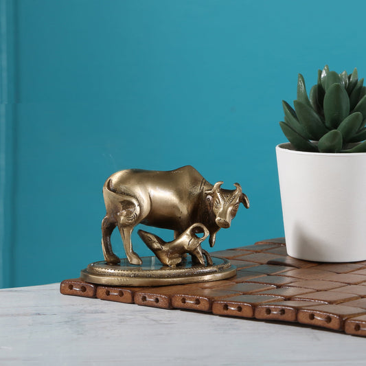 Brass Kamdhenu Cow & Calf Showpiece, Handcrafted Brass Kamdhenu Statue