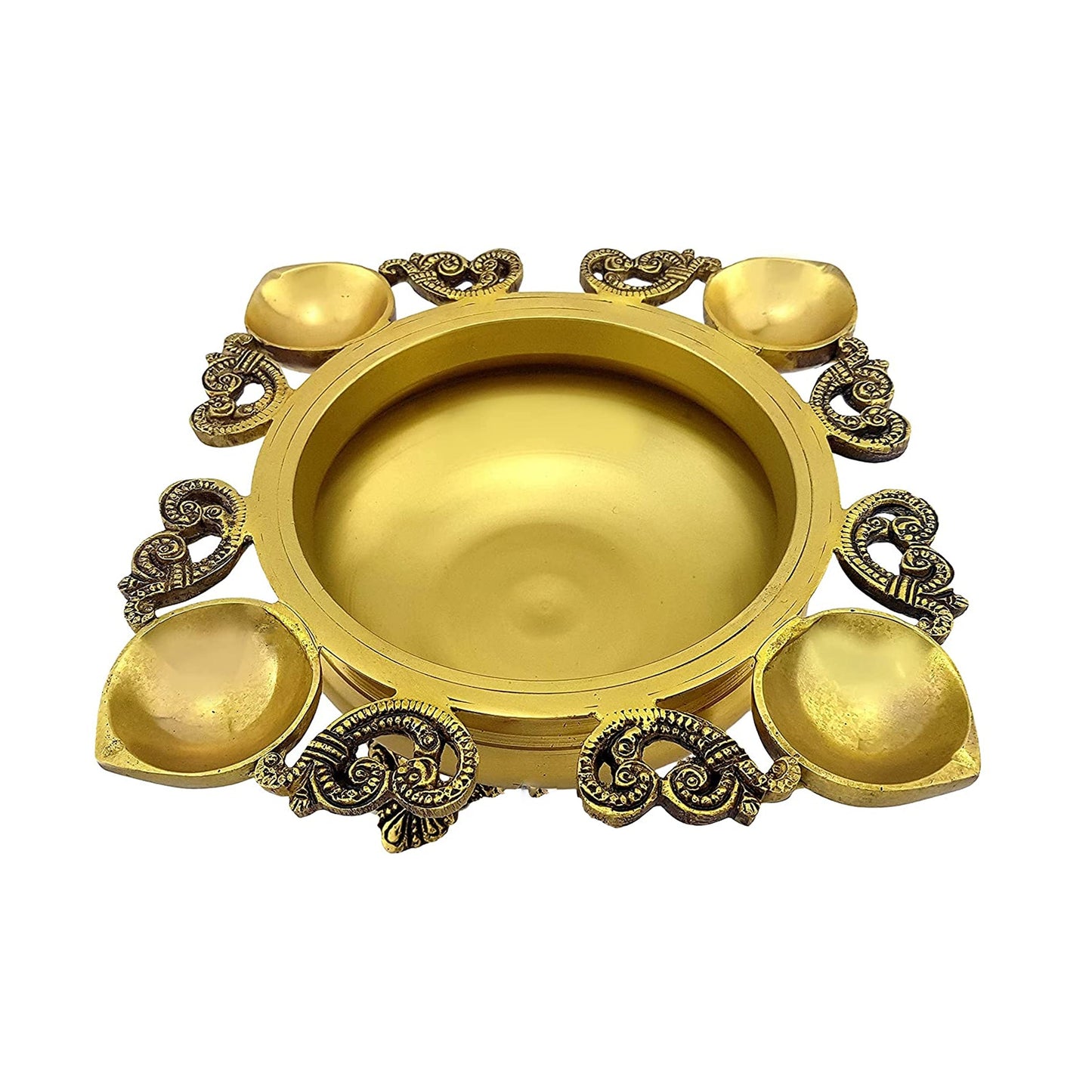 Brass Ethnic Carved Design 9.5 Inches Urli with 4 Diyas