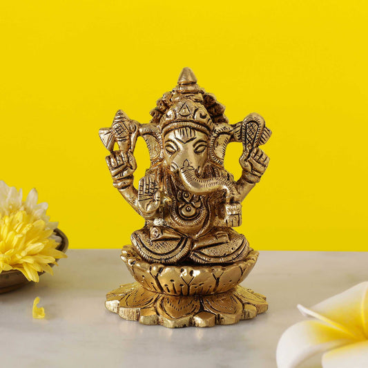 Lotus Ganesha Brass Idol | 100% Pure Brass | Antique Finish