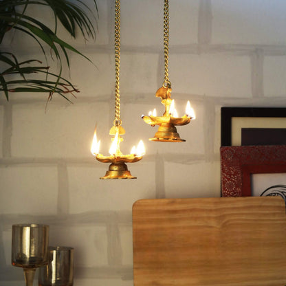 Brass Peacock Carved Hanging Diya Set