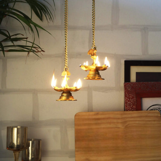 Brass Peacock Carved Hanging Diya Set