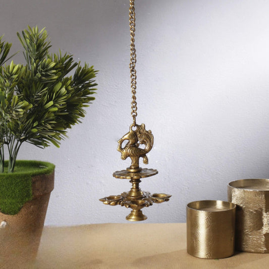 Handmade Peacock Design 4 Oil Wick Brass Hanging Diya