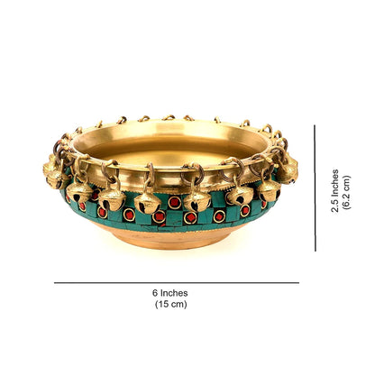 Gemstone Work Brass Urli Ethnic Traditional Bowl with Bells