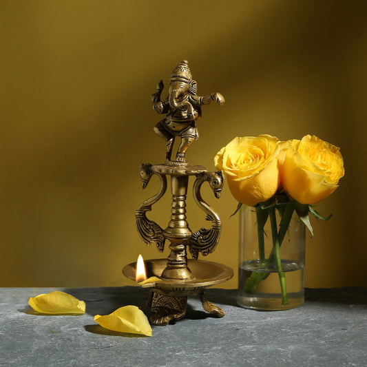 Brass Dancing Ganesha Oil Diya with Base