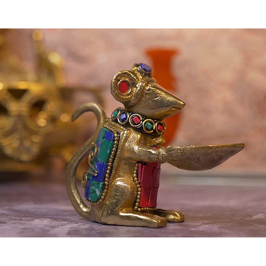 Brass Gemstone Work Ganesha Mouse Holding Oil Lamp Diya