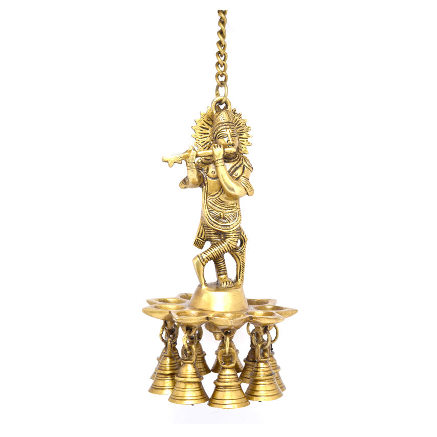Brass Krishna Design Hanging Diya, 8 Inches Diya