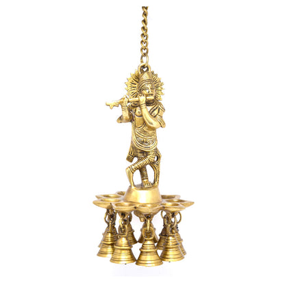 Brass Krishna Design Hanging Diya, 8 Inches Diya