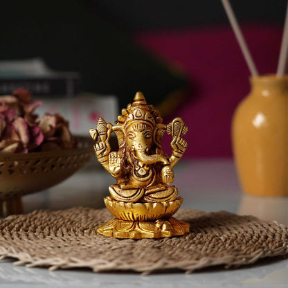 Lotus Ganesha Brass Idol | 100% Pure Brass | Antique Finish